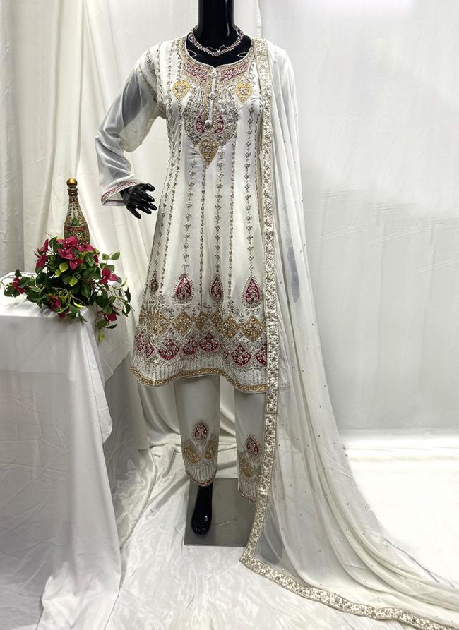 Georgette White Wedding Wear Hand Work Readymade Salwar Suit